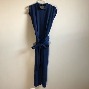 ASOS navy dress obi belt sleeveless high neckline midi length keyhole C